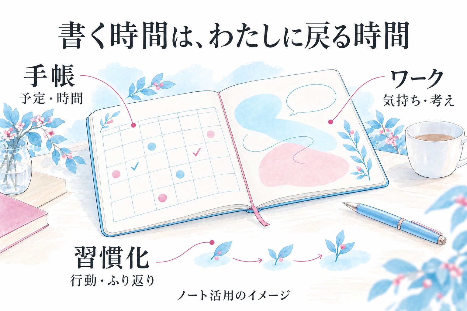 手帳で予定と時間、ワークで気持ちと考え、習慣化のページで行動とふり返りを扱う、ノート活用のイメージ。
