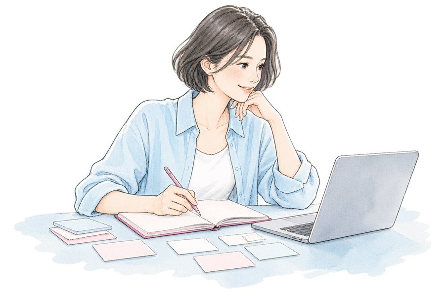 ノートとパソコンで考えを整理するひとり起業の人のイラスト