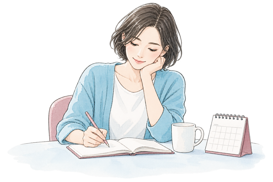 ノートとカレンダーで日々の気持ちや時間を見つめる人のイラスト