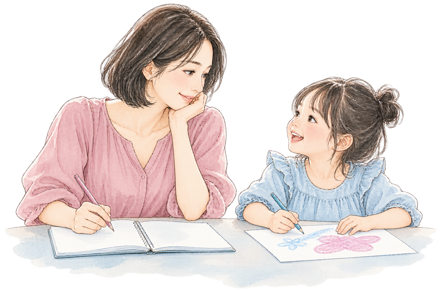 自分のノートを開きながら子どもの話を聞くママのイラスト
