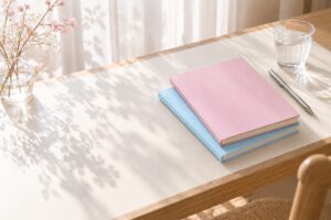 水色とピンクのノートを置いたイメージ